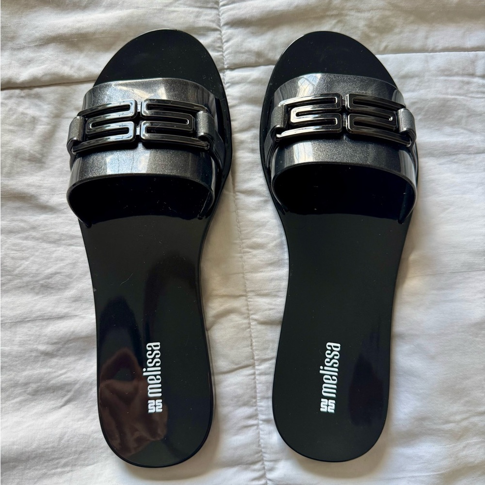 Melissa Shiny Black and Silver Slide Sandals - Babe M Chic